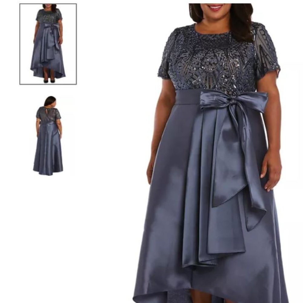 R&M Richards Plus Size Embellished Sequin Mesh High Low Wrap Dress-NWT